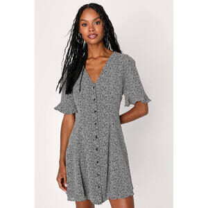 Lulus Castana Black And White Print Button-up Dress - Size S